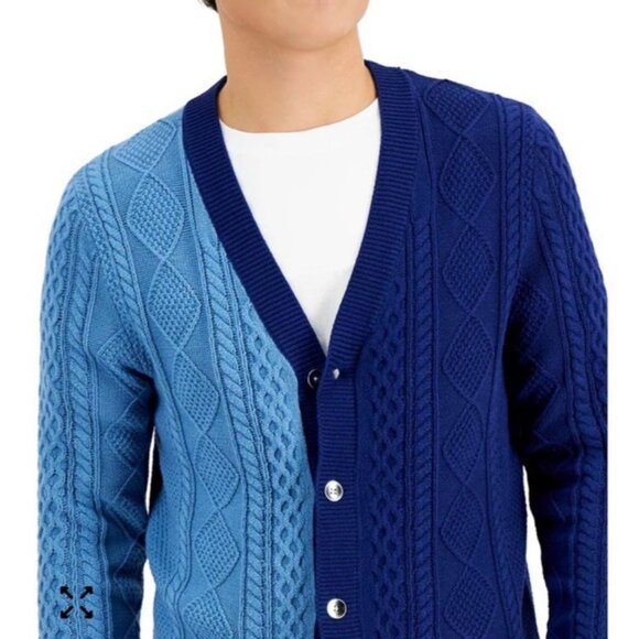 INC Dylan Cardigan Sweater Blue Colorblock Men's Size XL Fisherman Knit Cotton - Picture 10 of 10